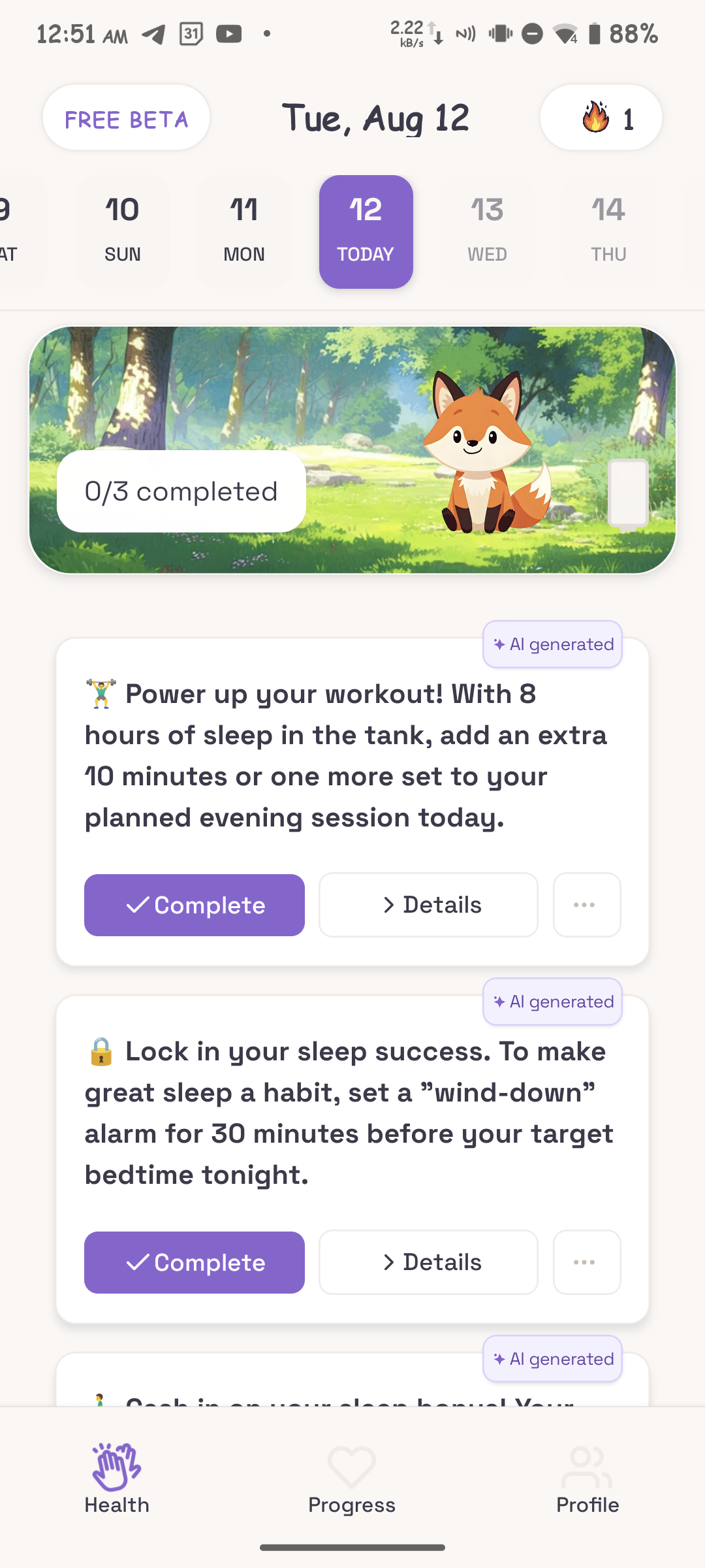 VitaVerse App showing personalized tasks and virtual pet